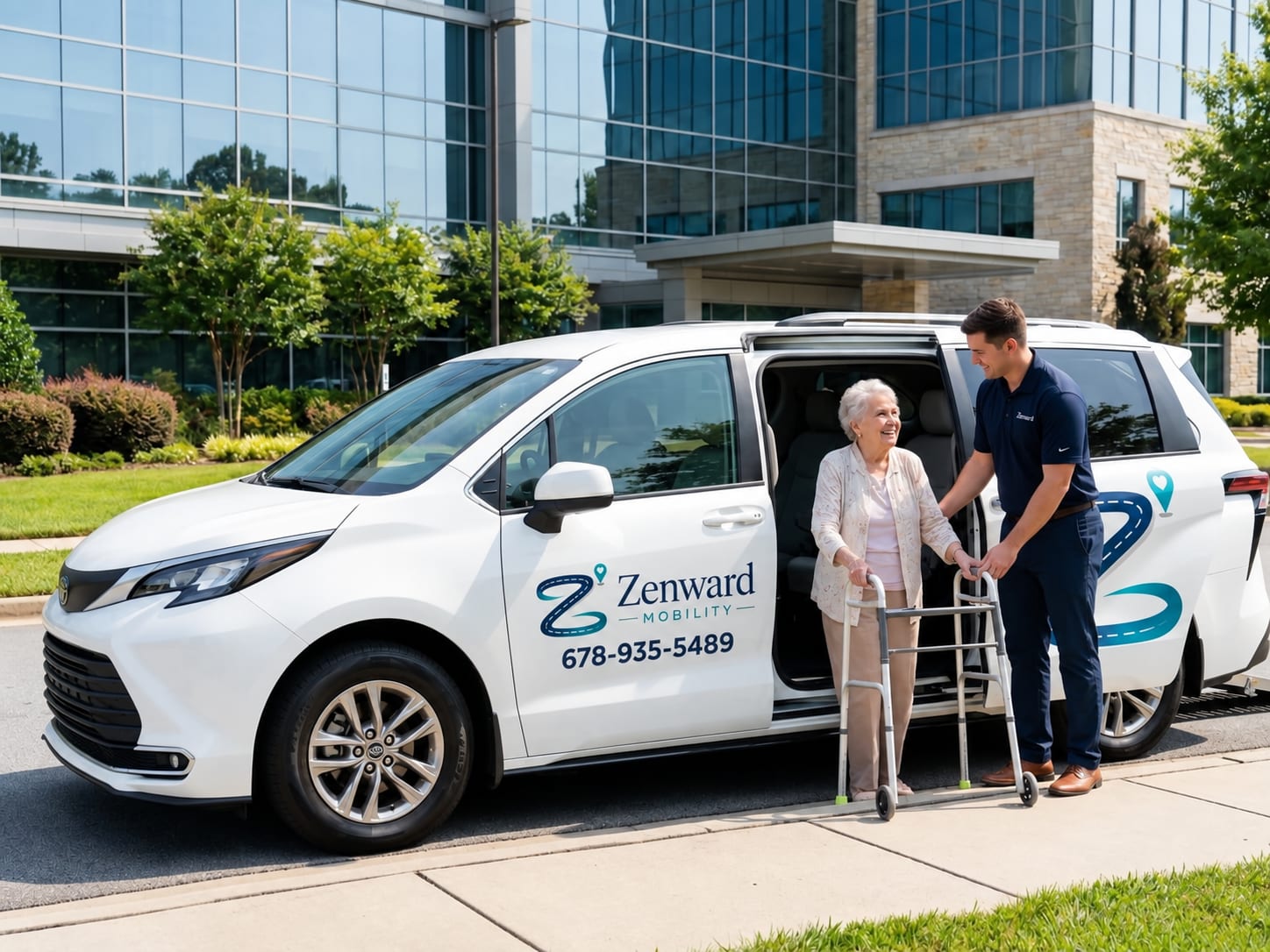 A Zenward Mobility staff member assisting an older passenger using a walker beside a Zenward Mobility van outside an office building